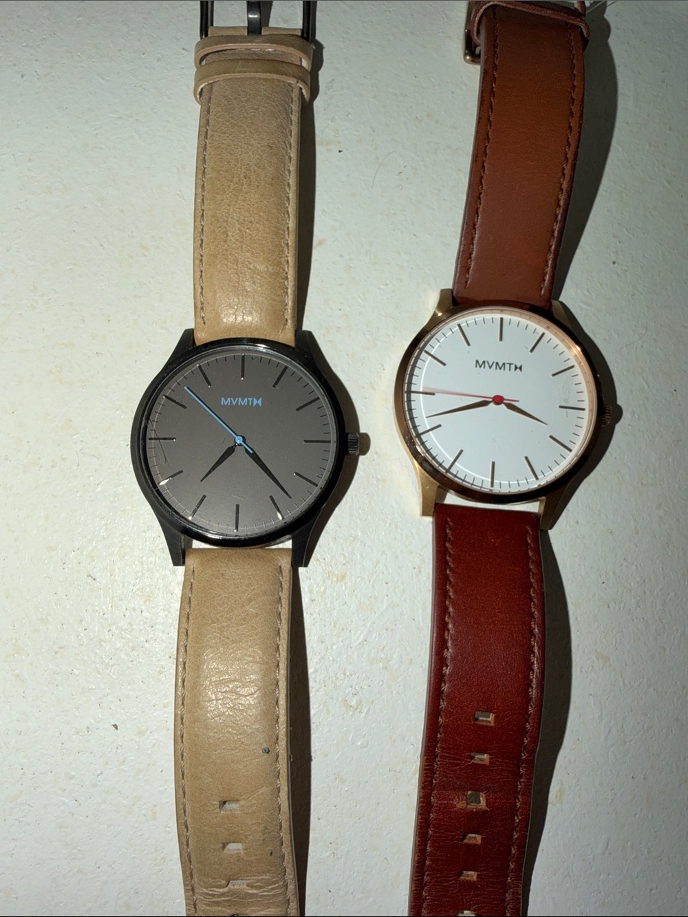 MVMT Pair: Beige Strap Black Face & Brown Strap White Face Watches